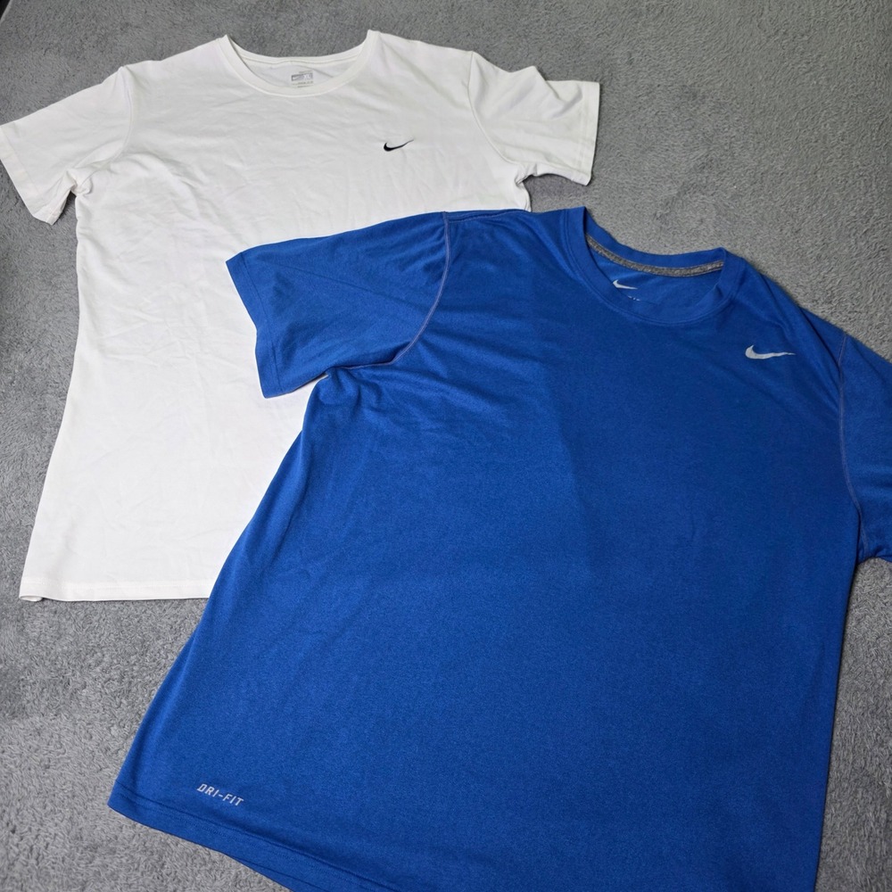 Nike Mens XL Short Sleeve T-Shirt Lot 2 White Blue Dri-FIT Athletic Swoosh Logo